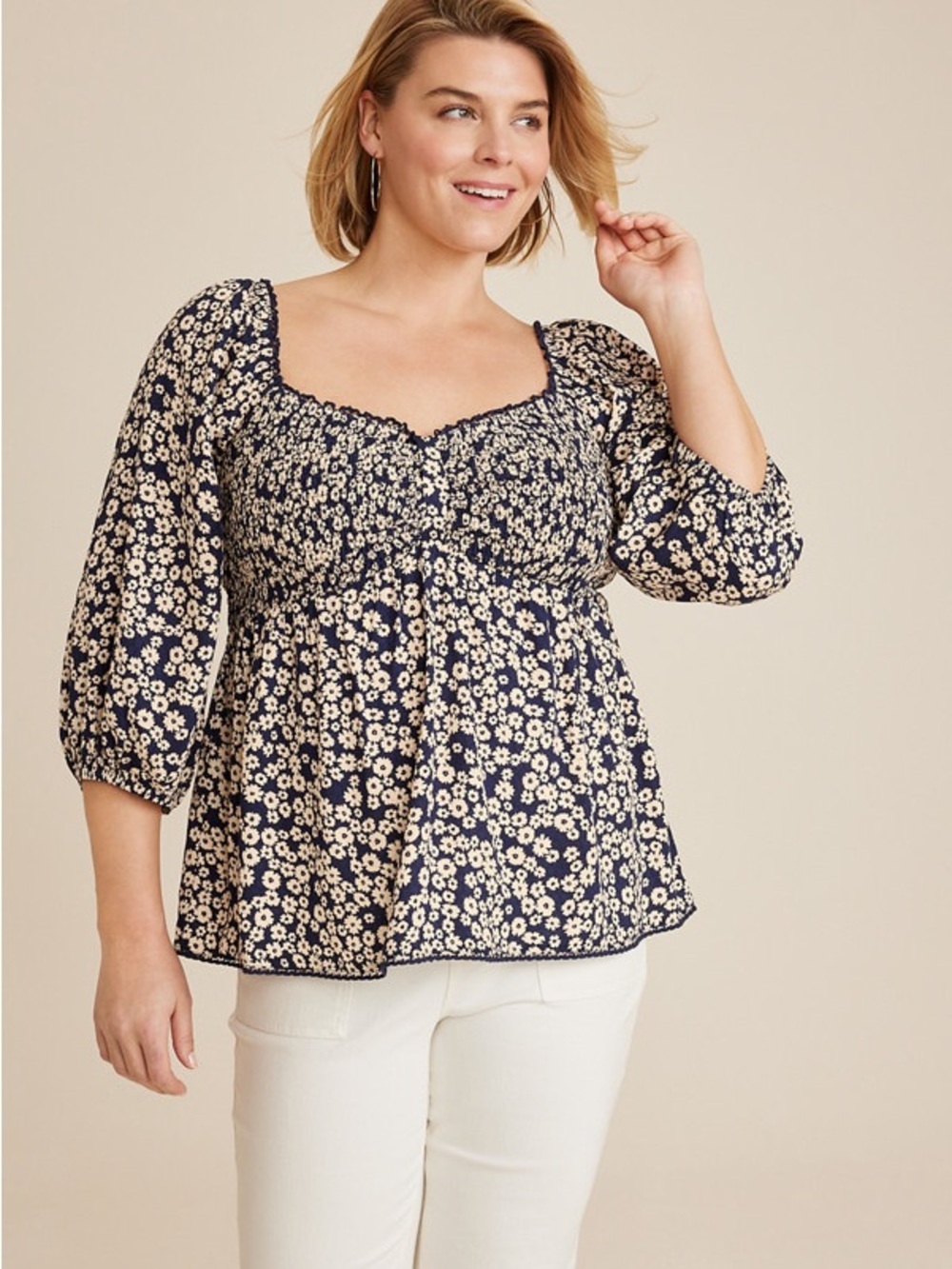 Maurices Navy and Cream Floral Smocked Peasant Blouse